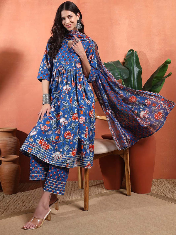Blue Floral Anarkali Set with Classic Round Neckline and Elegant Screen Prints