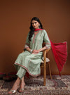 Aqua V - neckline A - Line Kurta Set with Lace Embroidery & Dupatta - Mahukaa