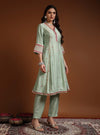 Model Side View of Line Kurta Set with Lace Embroidery & Dupatta - Mahukaa