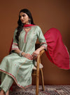 Aqua V - neckline A - Line Kurta Set with Lace Embroidery & Dupatta - Mahukaa