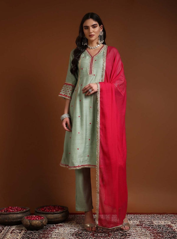Aqua V Line Kurta Set with Lace Embroidery & Dupatta