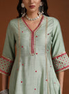 Detailed front look of Aqua V Line Kurta Set with Lace Embroidery & Dupatta