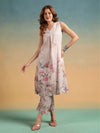 Beige Floral Placement Print A - Line Kurta Set with Round V - Neck - Mahukaa