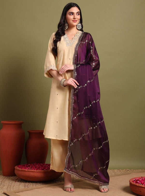 Beige V - neckline Anarkali Set with Lace Embroidery & Dupatta - Mahukaa