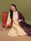 Beige V - neckline Anarkali Set with Lace Embroidery & Dupatta - Mahukaa