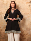 Black Embroidered A - Line Mini Flared Dress - Mahukaa