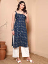 Blue Floral Straight Kurta with Spaghetti Straps - Mahukaa