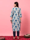 Blue Floral V - Neck Straight Kurta with Screen Print - Mahukaa