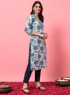 Blue Floral V - Neck Straight Kurta with Screen Print - Mahukaa