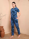 Blue Pure Cotton Floral Night Suit with Mandarin Collar - Mahukaa