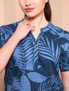 Blue Pure Cotton Floral Night Suit with Mandarin Collar - Mahukaa
