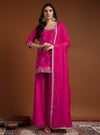 fuschia pink sequins embroidered sharara set with dupatta by Mahukaa