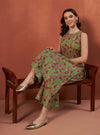 Green Floral A - Line Kurta Set with Halter Neck and Screen Print Detailing - Mahukaa