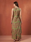 Green Floral A - Line Kurta Set with Halter Neck and Screen Print Detailing - Mahukaa