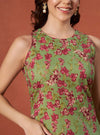 Green Floral A - Line Kurta Set with Halter Neck and Screen Print Detailing - Mahukaa