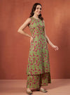 Green Floral A - Line Kurta Set with Halter Neck and Screen Print Detailing - Mahukaa