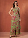Green Floral A - Line Kurta Set with Halter Neck and Screen Print Detailing - Mahukaa