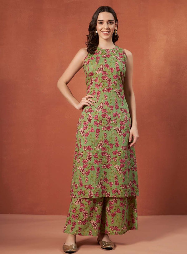 Green Floral A - Line Kurta Set with Halter Neck and Screen Print Detailing - Mahukaa