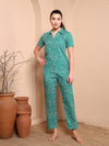 Green Floral Printed Co - ord Set with Shirt Collar - Mahukaa
