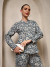 Grey Pure Cotton Floral Night Suit with Mandarin Collar - Mahukaa