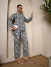 Grey Pure Cotton Floral Night Suit with Mandarin Collar - Mahukaa