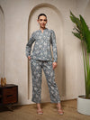 Grey Pure Cotton Floral Night Suit with Mandarin Collar - Mahukaa