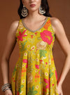 Lime green floral printed anarkali set with dupatta - Mahukaa