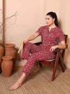 Maroon Floral Cotton Night Suit with Mandarin Collar - Mahukaa