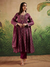 Maroon Square V - Neck Anarkali Set with Lace Embroidery & Dupatta - Mahukaa