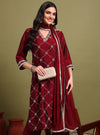 Maroon V - neckline Kurta Set With Embrodiry Detaling & Dupatta - Mahukaa