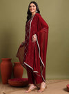 Maroon V - neckline Kurta Set With Embrodiry Detaling & Dupatta - Mahukaa