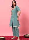 Mint Green Embroidered A - Line Co - ord Set with Round V - Neck Square Neckline - Mahukaa