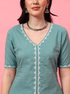 Mint Green Embroidered A - Line Co - ord Set with Round V - Neck Square Neckline - Mahukaa