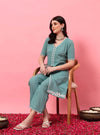 Mint Green Embroidered A - Line Co - ord Set with Round V - Neck Square Neckline - Mahukaa