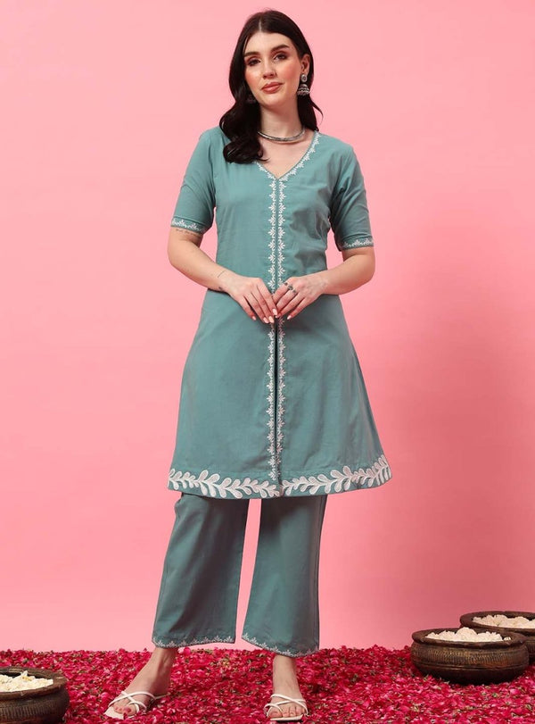 Mint Green Embroidered A - Line Co - ord Set with Round V - Neck Square Neckline - Mahukaa