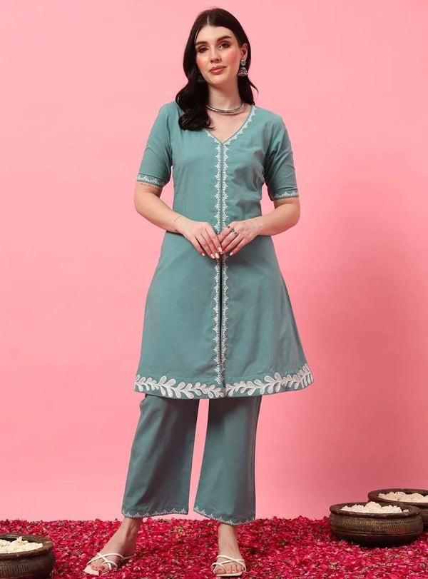 Mint Green Embroidered A - Line Co - ord Set with Round V - Neck Square Neckline - Mahukaa