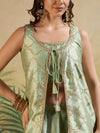 Mint Green Embroidered Fusion Set with Sleeveless Jacket & Strap Blouse - Mahukaa