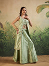 Mint Green Embroidered Fusion Set with Sleeveless Jacket & Strap Blouse - Mahukaa