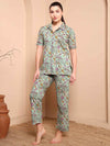 Mint Green Floral Cotton Night Suit with Notch Collar - Mahukaa