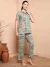 Mint Green Floral Cotton Night Suit with Notch Collar - Mahukaa