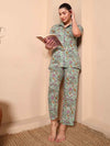Mint Green Floral Cotton Night Suit with Notch Collar - Mahukaa