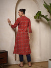 Back view of multi-color Ajrakh printed cotton kurta with three-quarter sleeves – Mahukaa ethnic fashion