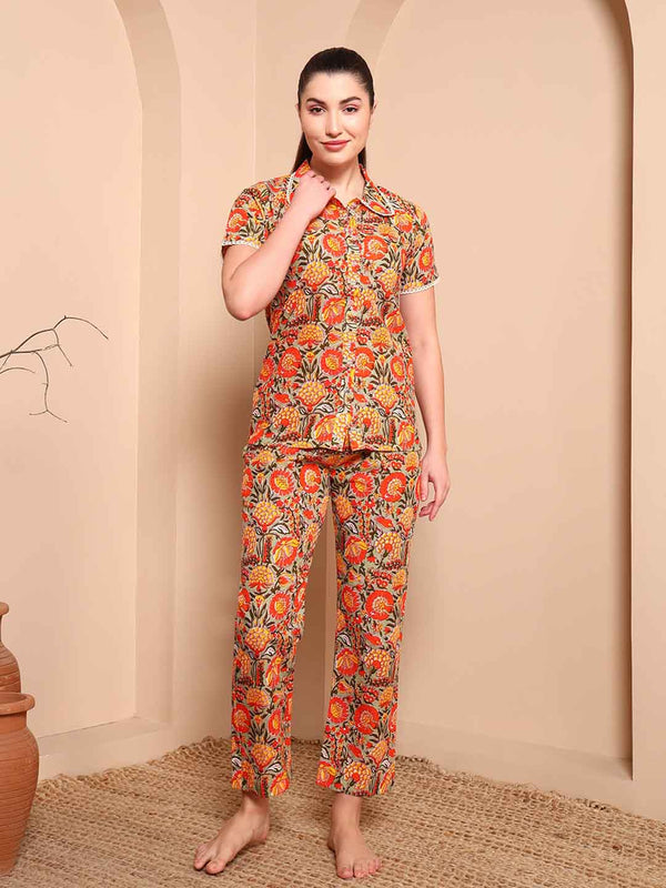 Multi - Color Floral Pure Cotton Co - ord Set with Round Collar - Mahukaa