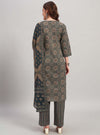 Navy Blue Ajrak Print Straight Kurta Set with Round Neck - Mahukaa