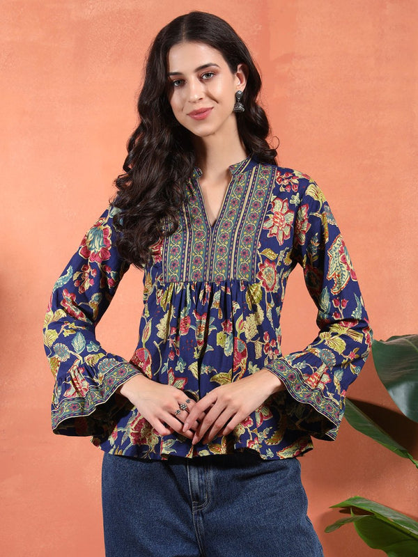 Navy Blue Flared Floral A - line Tunic with Mandarin Collar - Mahukaa