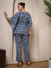 Back View of Navy Blue Floral A - Line Kaftan Kurta Set - Mahukaa