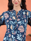 Navy Blue Floral Printed A - Line Kurta Set with Mandarin Collar - Mahukaa