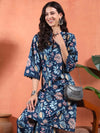 Navy Blue Floral Printed A - Line Kurta Set with Mandarin Collar - Mahukaa