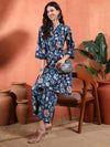 Navy Blue Floral Printed A - Line Kurta Set with Mandarin Collar - Mahukaa
