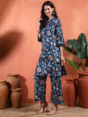 Navy Blue Floral Printed A - Line Kurta Set with Mandarin Collar - Mahukaa
